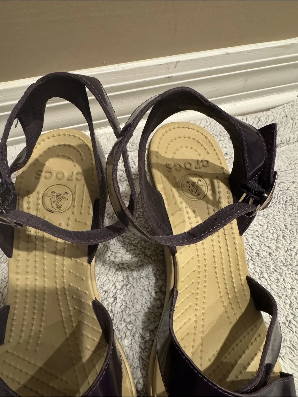CROCS Patent Leather-Look Ankle Strap Wedges in dark purple and Tan